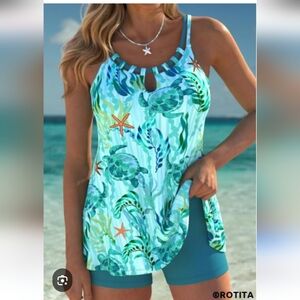 Rotita Plus Mid Waisted Tummy Coverage Cyan Tankini Top 1X NWOT